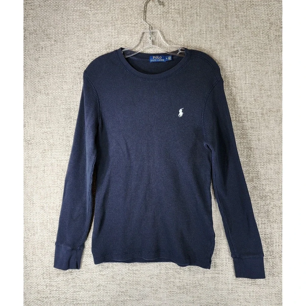 POLO Ralph Lauren Waffle Knit Long Sleeve Top Shirt Mens *S-M Navy Blue Stretch
